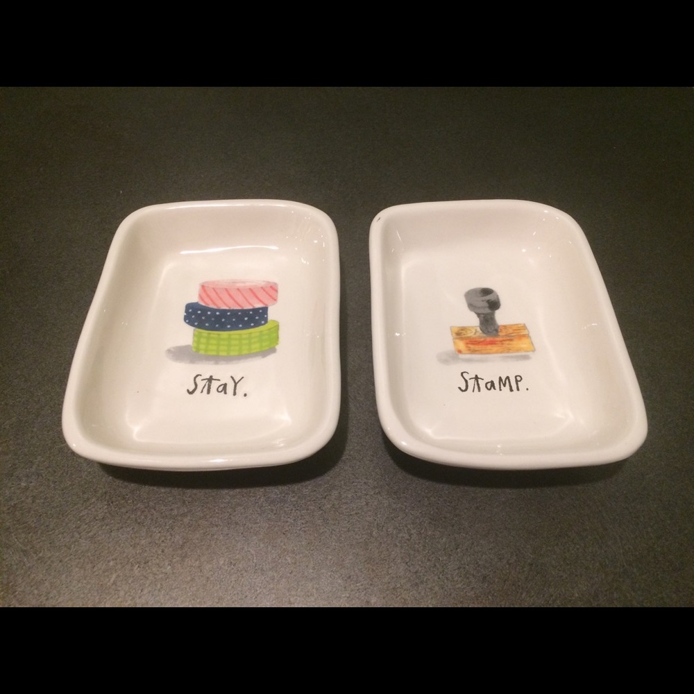 Rae Dunn 'stamp' and 'stay' office trinket trays